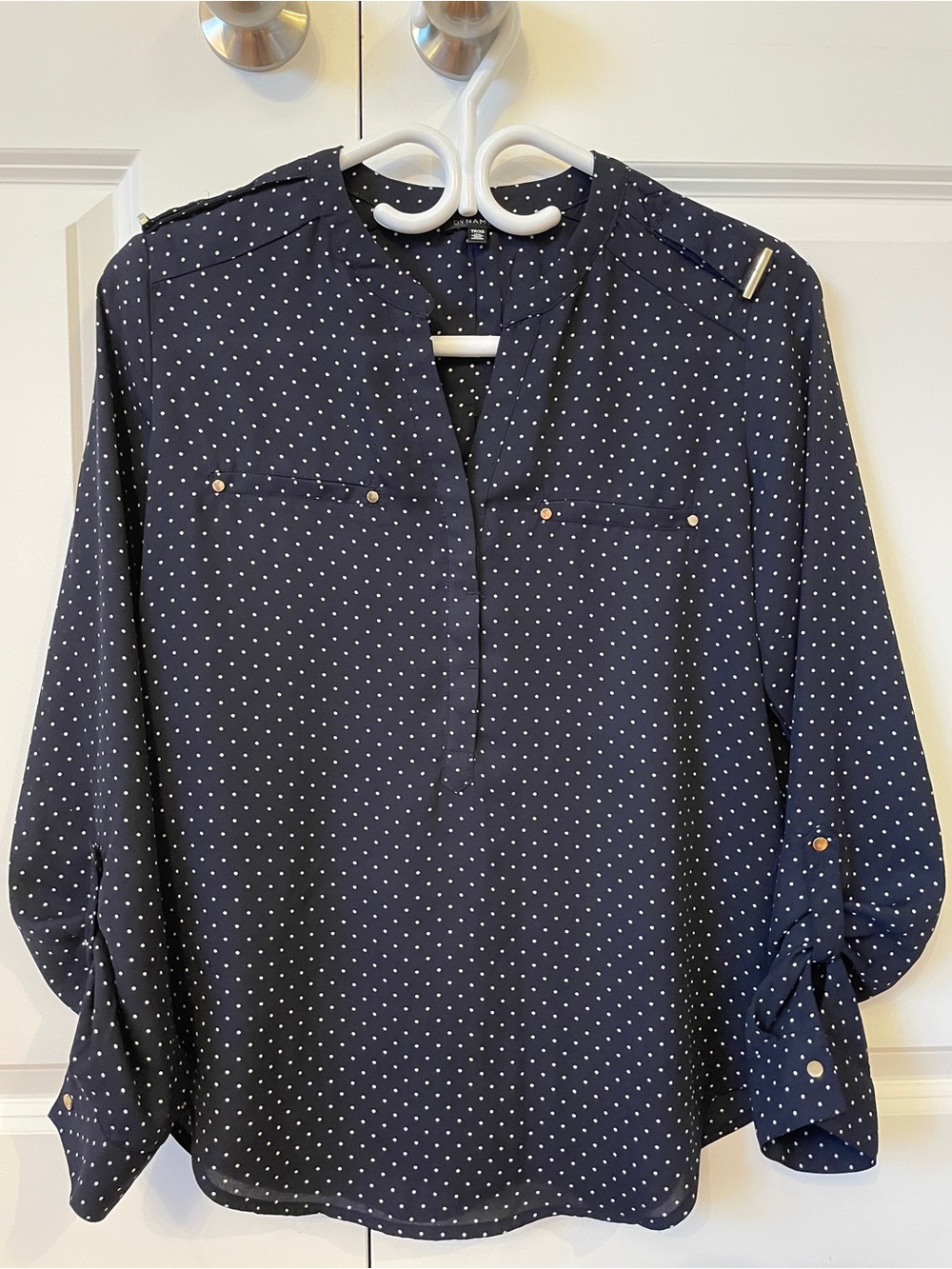 Dynamite Navy Polka Dot Blouse with Gold-Tone Detail